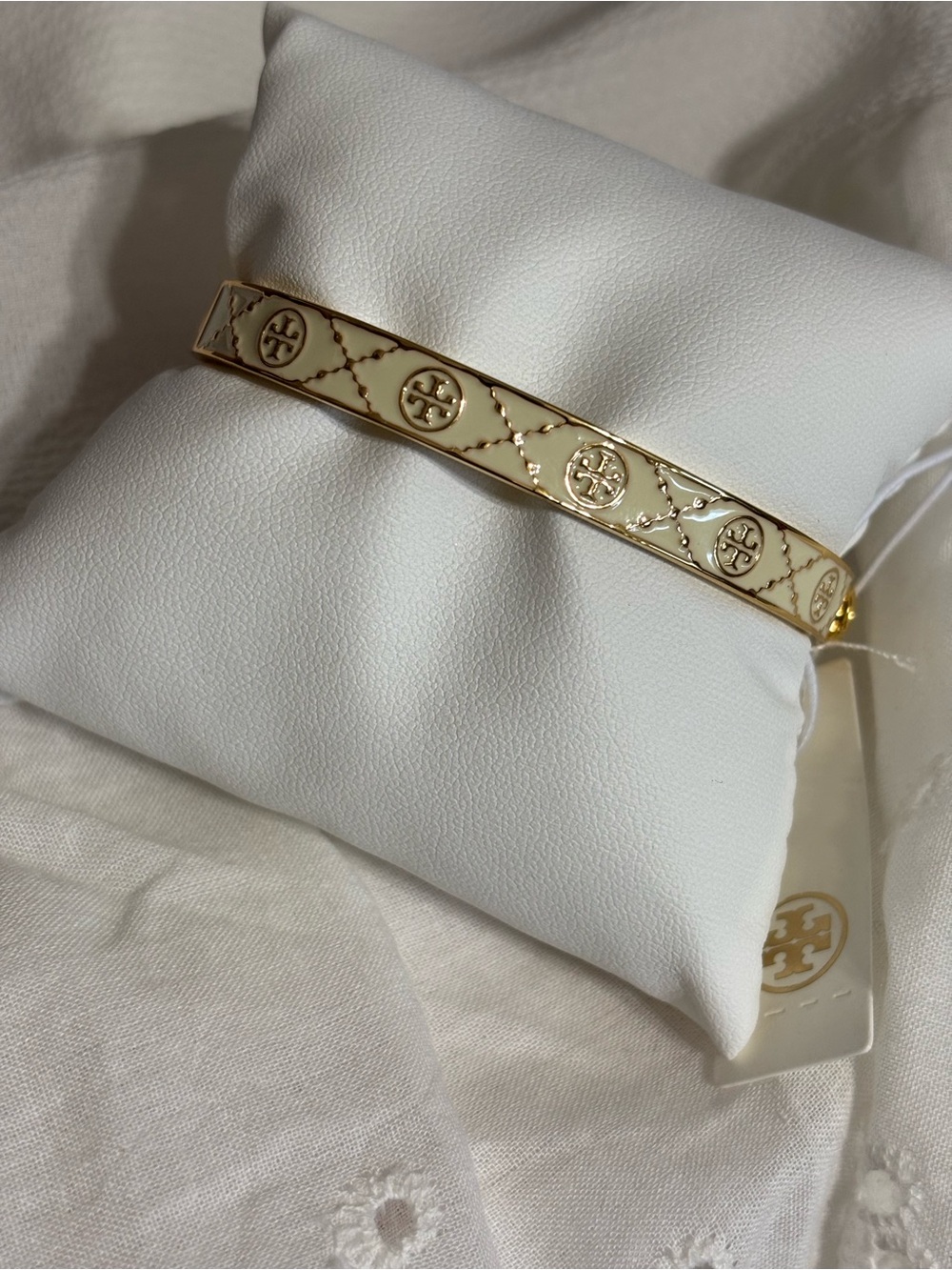 Tory Burch Gold and Cream Enamel Logo Bangle - Picture 2 of 4